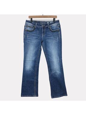 Miss Me Easy Boot Bling Flap Pocket Jeans Womens 30 Medium Wash Blue JE566ZER